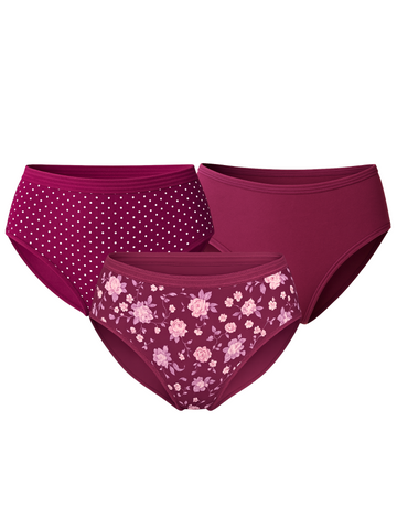 The Purple Hipster Bundle: 3-Pack of Mid-Waist Panties with Outer Elastic (Plain, Polka Dots, Floral)