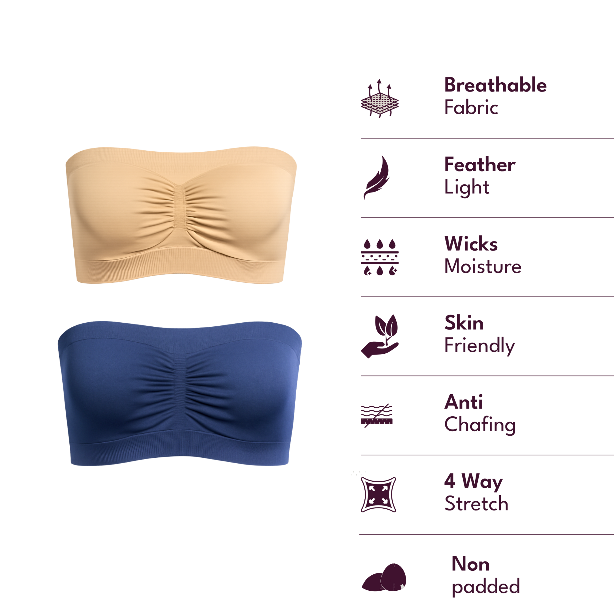 Munns & Mars Bundle of Seamless Non-Padded Tube Bra- Beige & Navy Blue