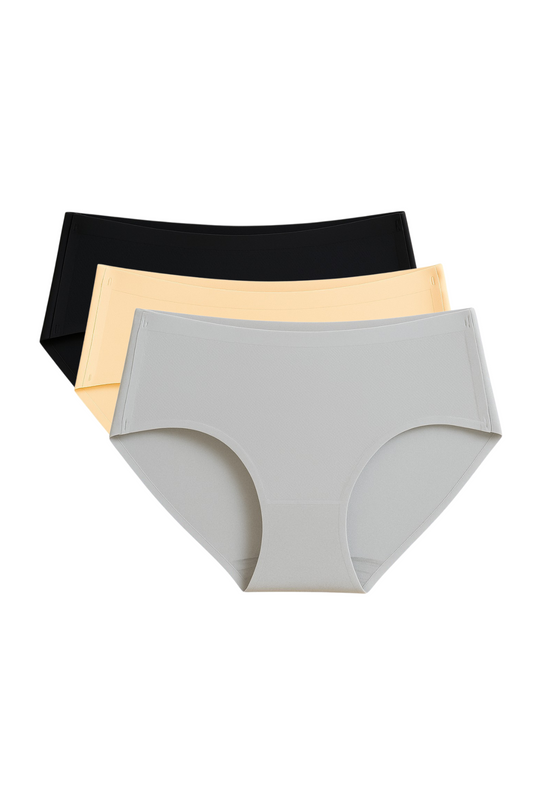 Three pairs of underwear in black, beige, and gray on a white background