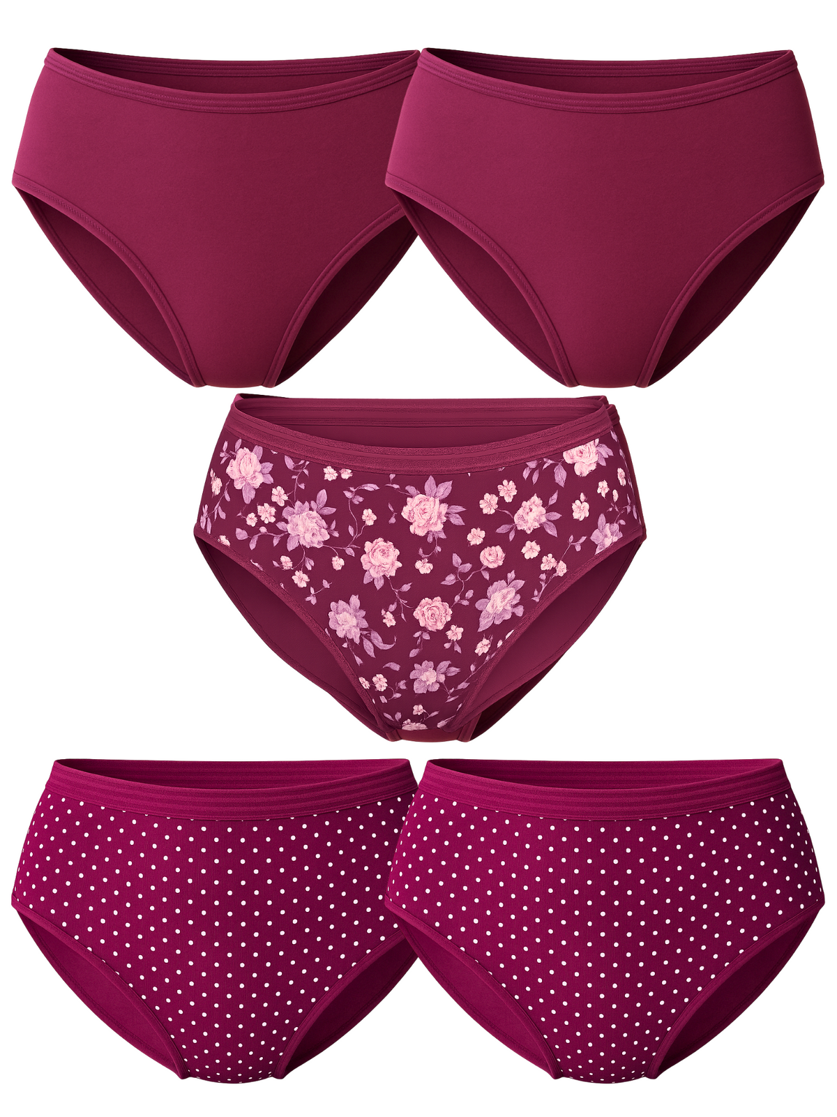 The Everyday & More 5-Pack: A Bundle of 5 Panties (2 Plain, 2 Printed, 1 Polka Dot)