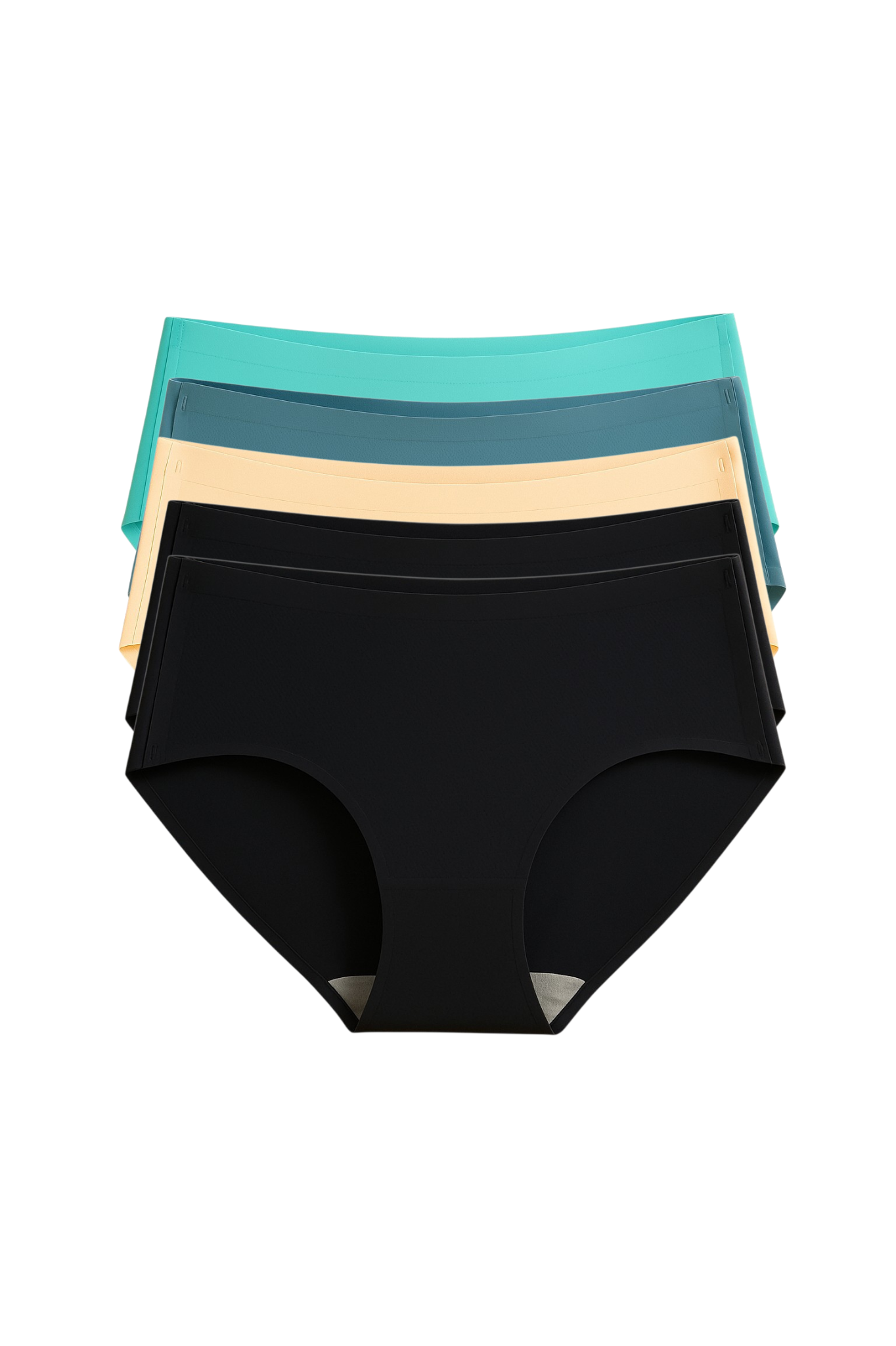 Set of women's underwear in black, teal, and beige on a white background