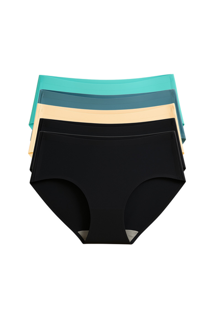 Set of women's underwear in black, teal, and beige on a white background