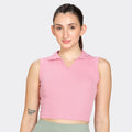 Pink ribbed polo-neck tank top, front view on model — Munns & Mars