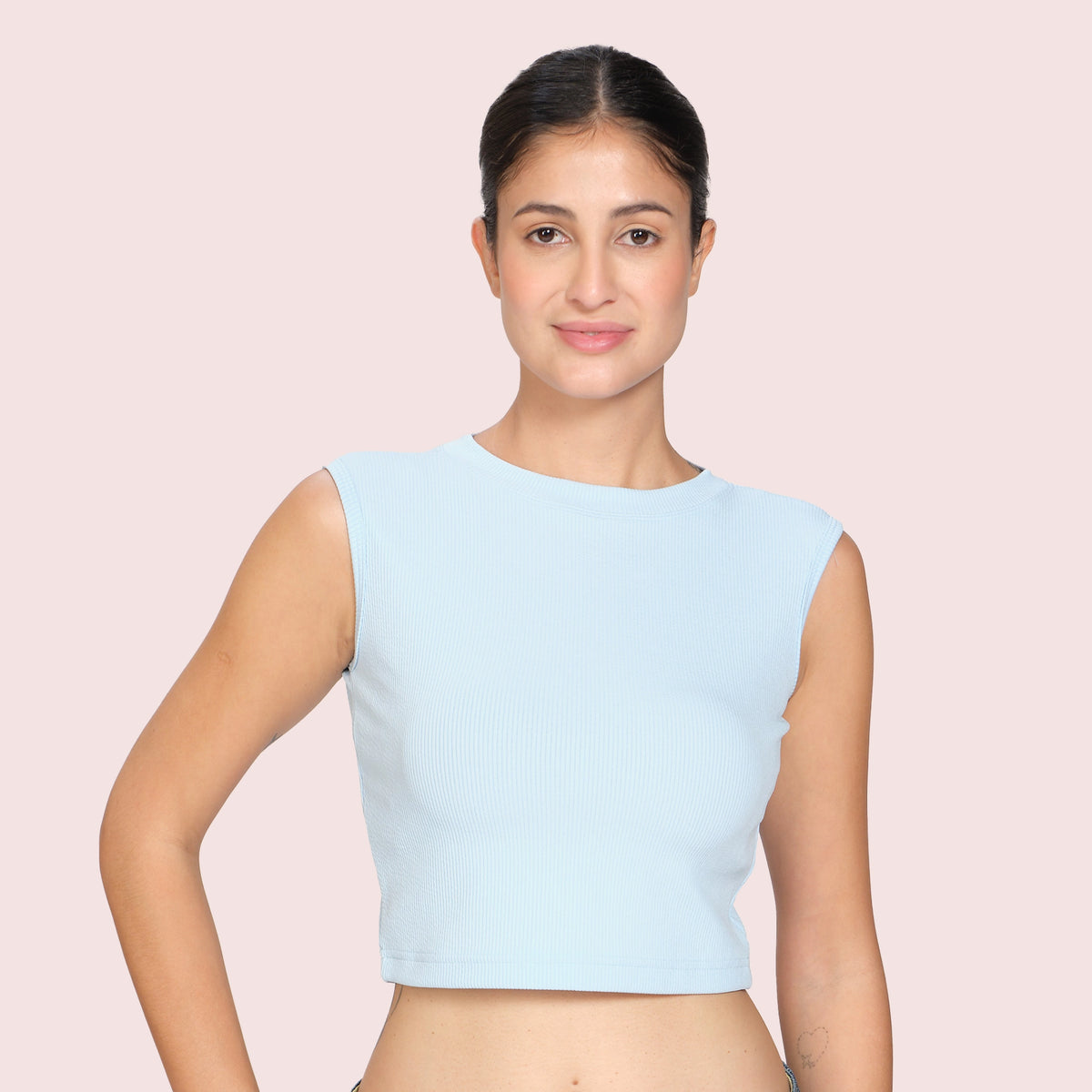 Sky Blue high-neck active tank top, front view on model — Munns & Mars