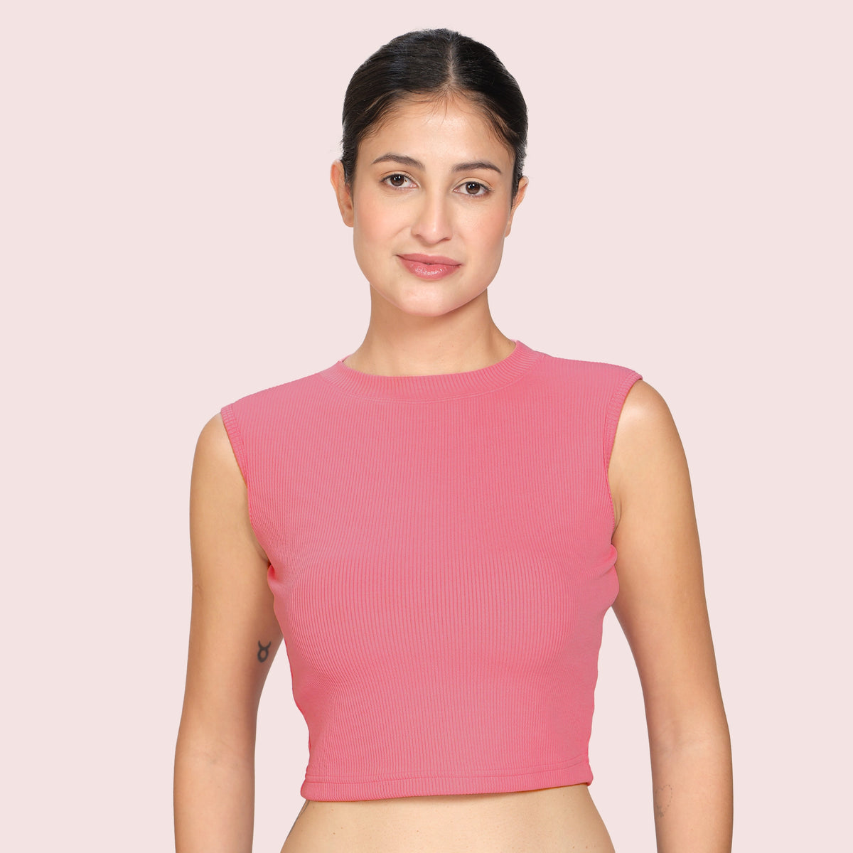 Baby Pink high-neck active tank top, front view on model — Munns & Mars