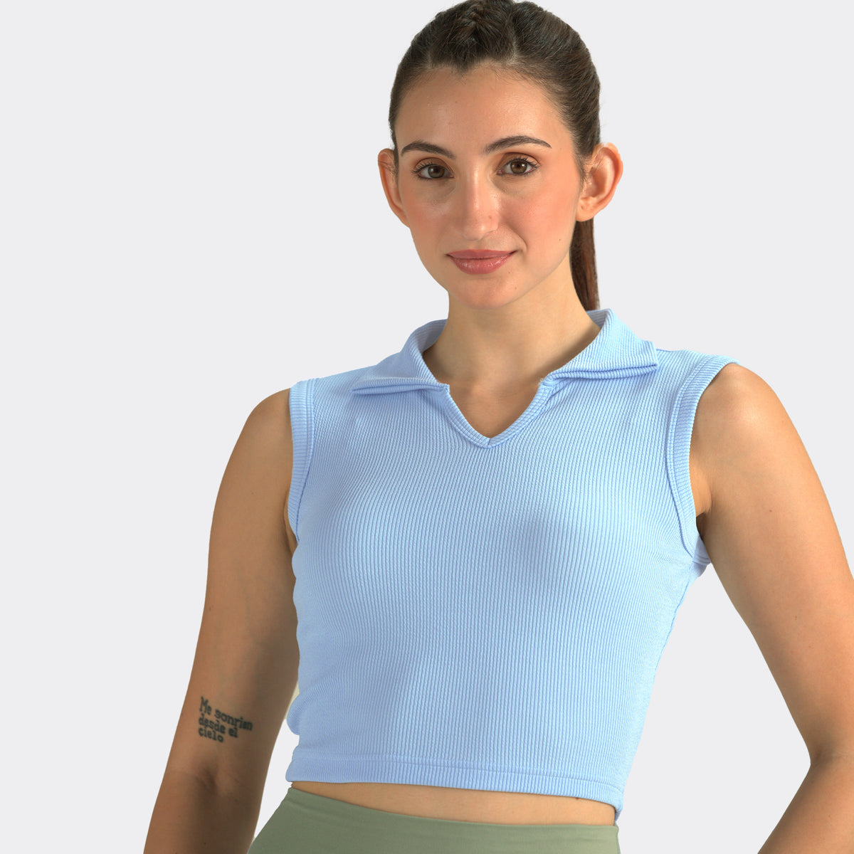 Sky Blue ribbed polo-neck tank top, front view on model — Munns & Mars