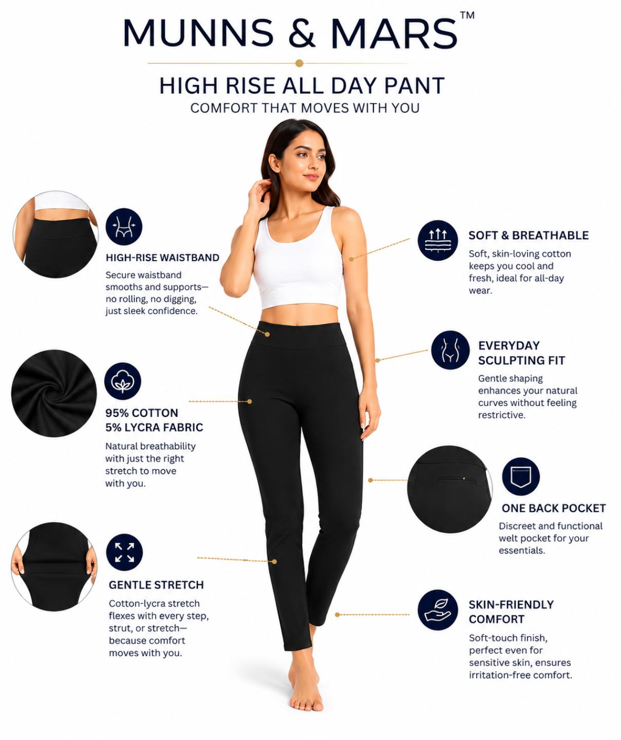 High Rise All Day Cotton Lycra Pant