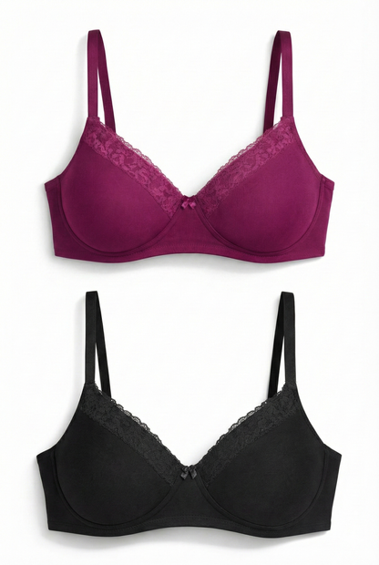 Munns & Mars Womens Cotton Lightly Padded T-Shirt Bra Plain and with Lace -  Pack of 2