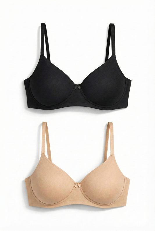 Munns & Mars Pack of 2 Cotton Lightly Padded T-Shirt Bra Beige and Black