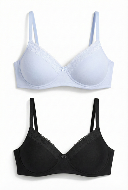 Munns & Mars Pack of 2 Cotton Lightly Padded T-Shirt Bra Sky Blue and Black
