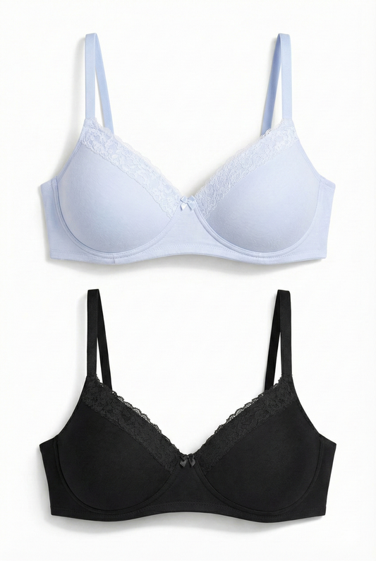Munns & Mars Pack of 2 Cotton Lightly Padded T-Shirt Bra Sky Blue and Black