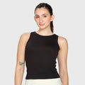 Black classic sleeveless tank top, front view on model — Munns & Mars