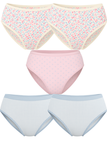 Mid Waist Hipster Panty Bundle With Outer Elastic - (2 Floral, 2 Checks, 1 Polka Dots)