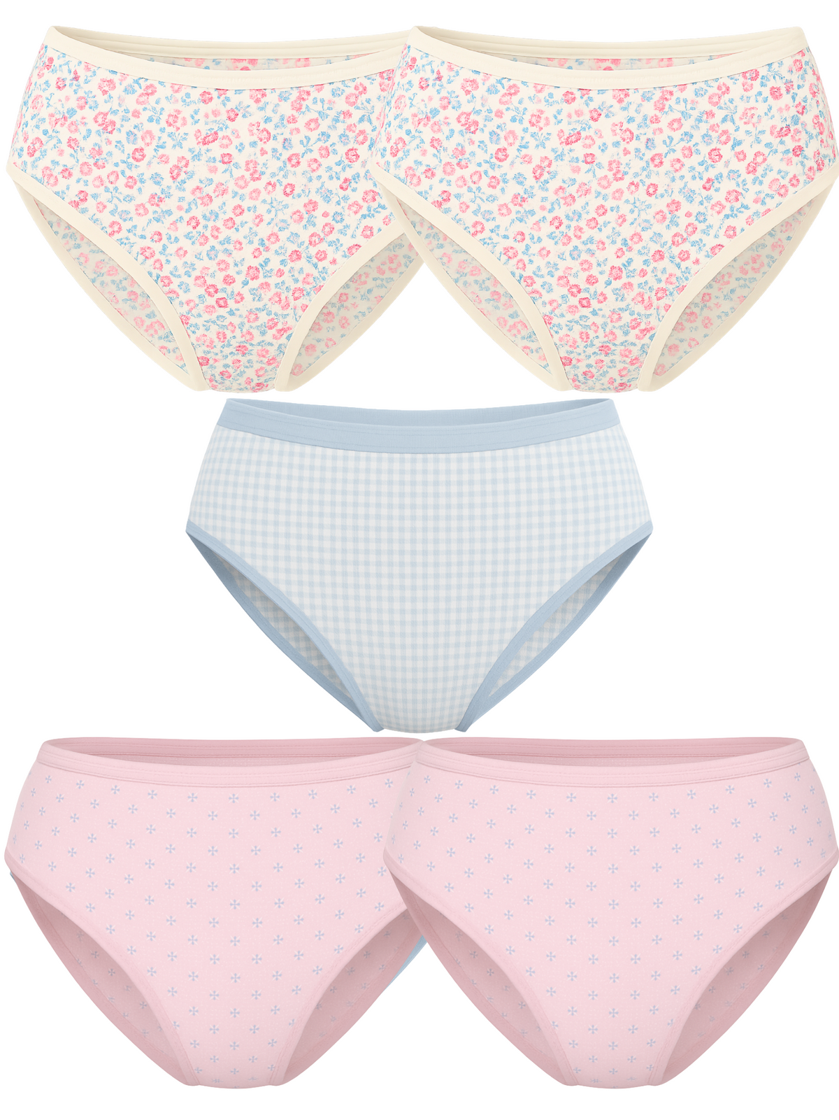 Mid Waist Hipster Panty Bundle With Outer Elastic - (2 Floral, 1 Checks, 2 Polka Dots)