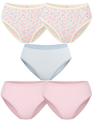 Mid Waist Hipster Panty Bundle With Outer Elastic - (2 Floral, 1 Checks, 2 Polka Dots)