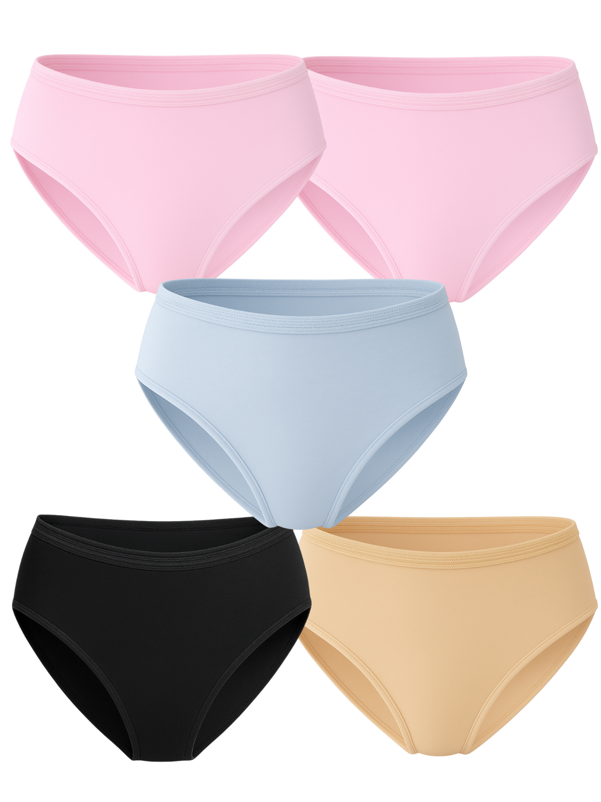 Mid Waist Hipster Panty With Outer Elastic Bundle Of 5 - (2 Baby Pink, Sky Blue, Black & Beige)