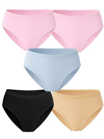 Mid Waist Hipster Panty With Outer Elastic Bundle Of 5 - (2 Baby Pink, Sky Blue, Black & Beige)
