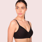 Black Lace/Dark Purple Lace cotton lightly padded t-shirt bra plain and with lace - pack of 2, on model — Munns & Mars