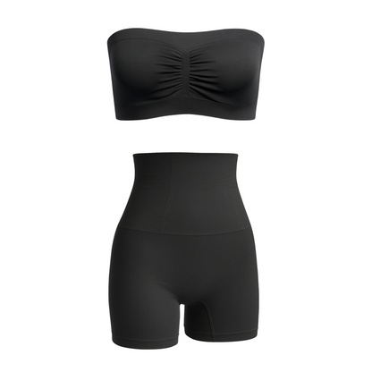 Munns & Mars Bundle of Seamless Non-Padded Tube Bra-Black And Tummy & Thigh Short-Black