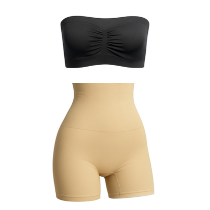 Munns & Mars Bundle of Seamless Non-Padded Tube Bra-Beige And Tummy & Thigh Shorts-Beige