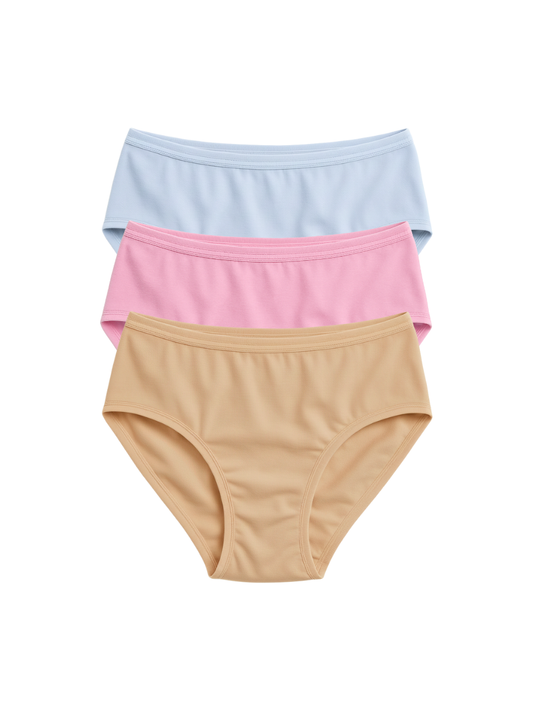 Mid Waist Hipster Panty Bundle  With Outer Elastic - ( Sky Blue, Beige & Baby Pink )