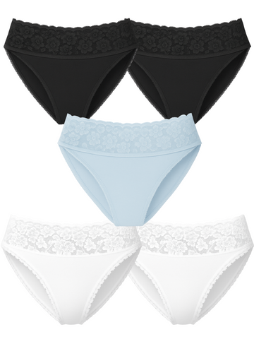 Mid Waist Bikini Bundle Of 5 - (2 Black, Sky Blue, & 2 White)