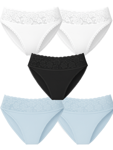 Mid Waist Bikini Bundle Of 5 - ( Black, 2 Sky Blue & 2 White)