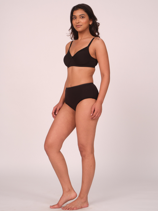 Munns & Mars Lingeries Set- T-shirt Bra (Black) & Full Coverage Panty (Black)