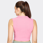 Pink ribbed polo-neck tank top, on model — Munns & Mars