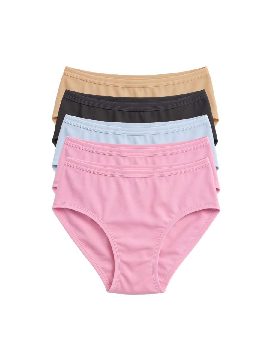 Mid Waist Hipster Panty With Outer Elastic Bundle Of 5 - (2 Baby Pink, Sky Blue, Black & Beige)