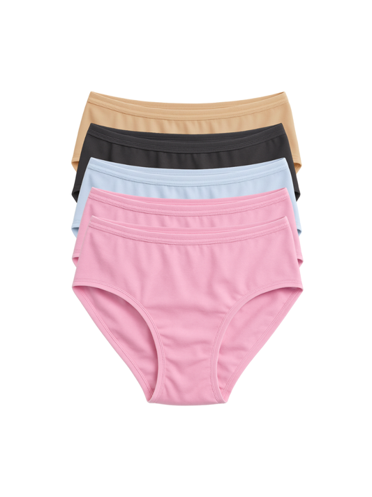 Mid Waist Hipster Panty With Outer Elastic Bundle Of 5 - (2 Baby Pink, Sky Blue, Black & Beige)