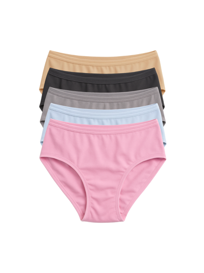 Mid Waist Hipster Panty With Outer Elastic Bundle Of 5 - (Baby Pink, Sky Blue, Ash Grey, Black & Beige)