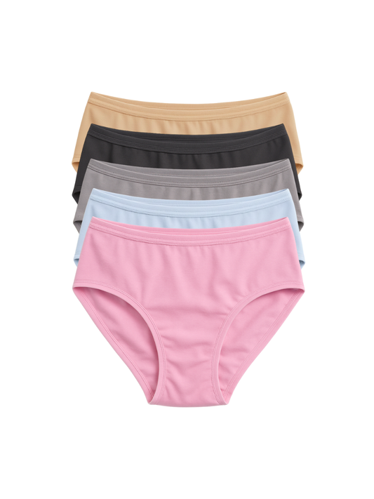 Mid Waist Hipster Panty With Outer Elastic Bundle Of 5 - (Baby Pink, Sky Blue, Ash Grey, Black & Beige)