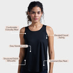 Black box-pleat active tank top, on model — Munns & Mars