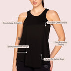 Black activewear racerback tank top, side view on model — Munns & Mars