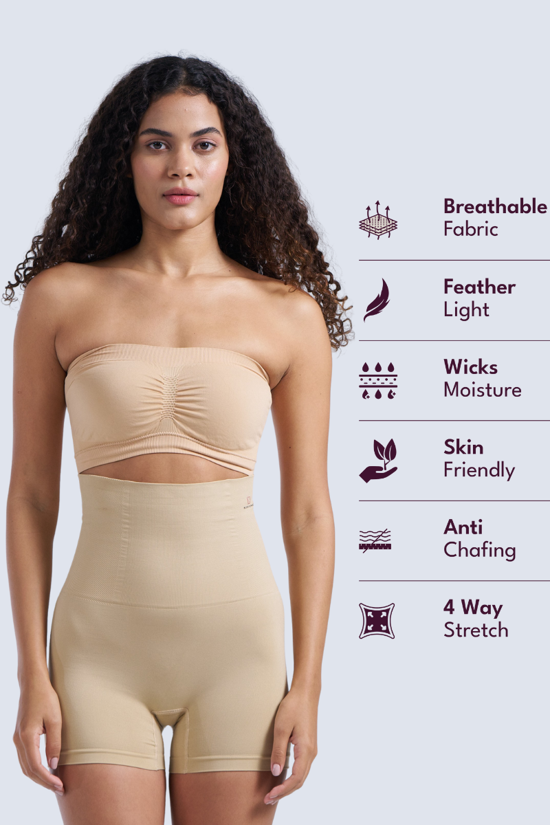 Woman wearing a beige shapewear outfit with feature icons on a white background