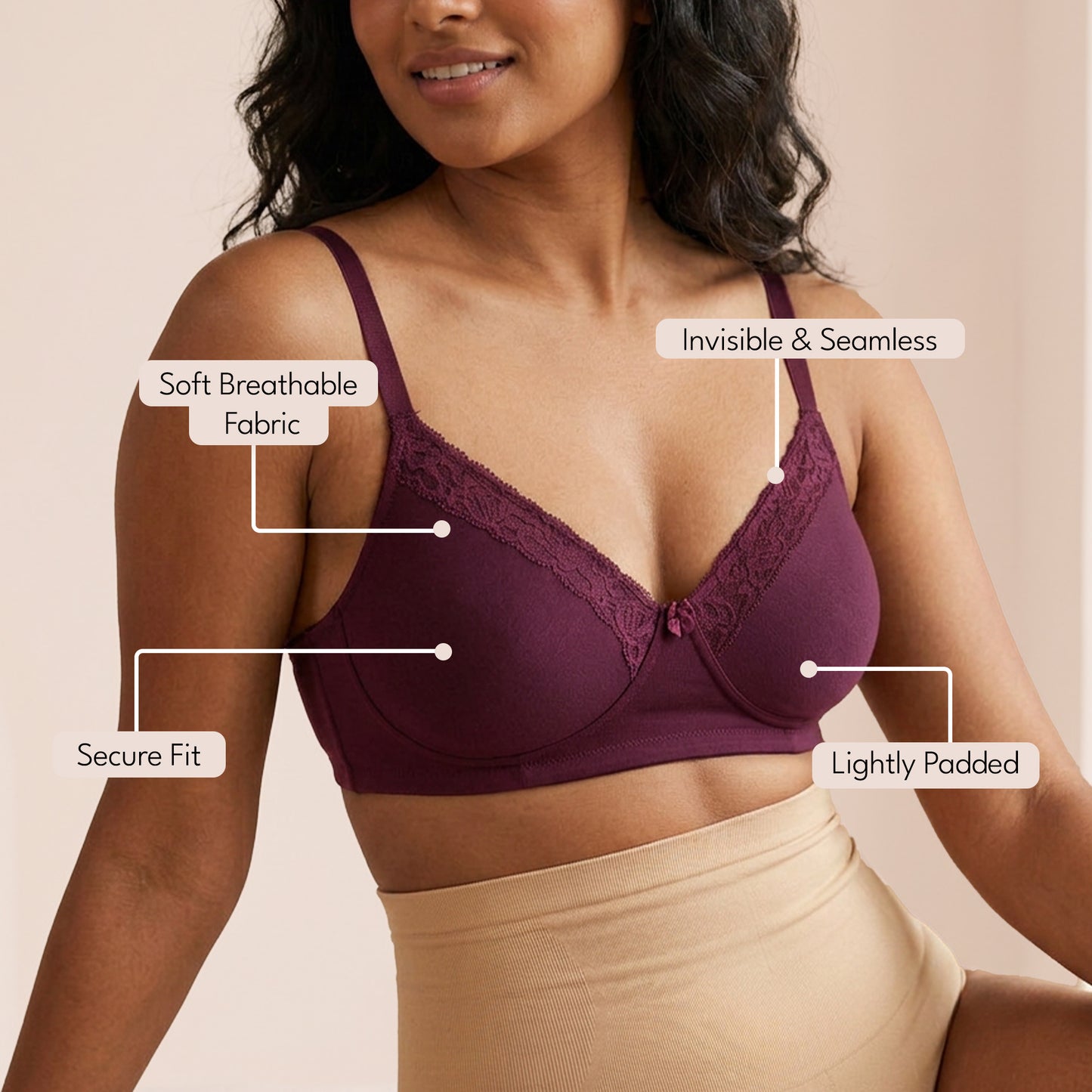 Munns & Mars Womens Cotton Lightly Padded Lace T-Shirt Bra