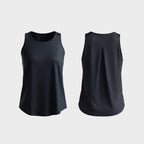 Black box-pleat active tank top, on model — Munns & Mars