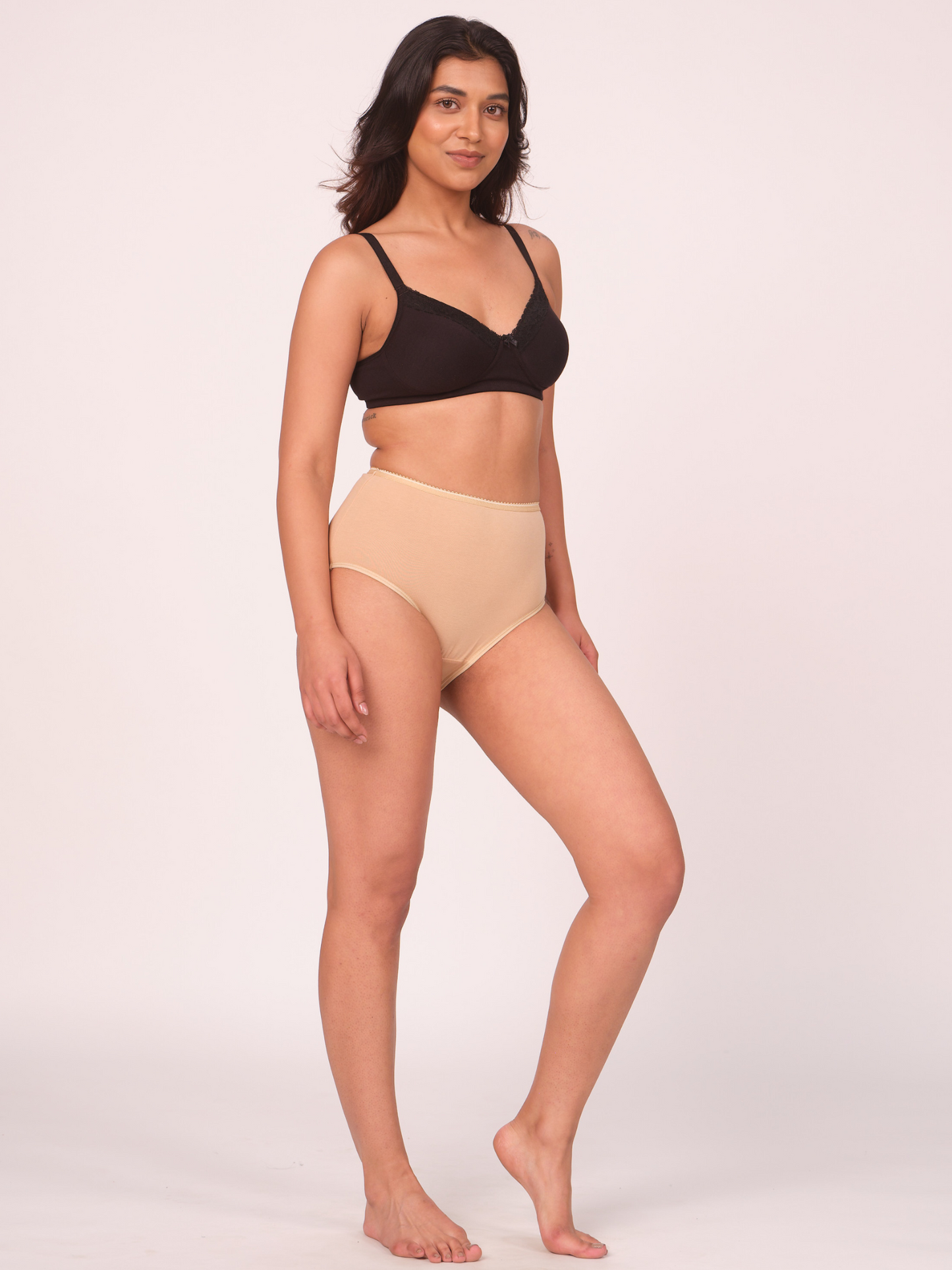 Munns & Mars Lingeries Set- T-shirt Bra (Black) & Full Coverage Panty (Beige)