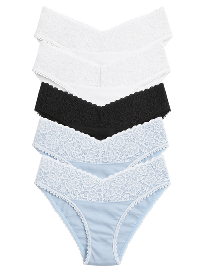 Mid Waist Bikini Bundle Of 5 - ( Black, 2 Sky Blue & 2 White)