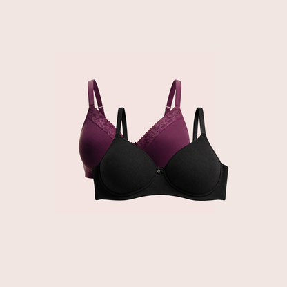 Munns & Mars Womens Cotton Lightly Padded T-Shirt Bra Plain and with Lace -  Pack of 2