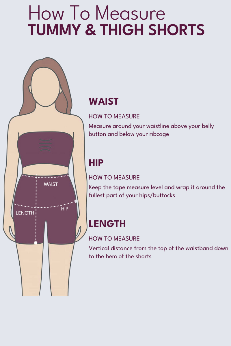 Instructions on how to measure tummy and thigh shorts with a diagram of a person and measurements.