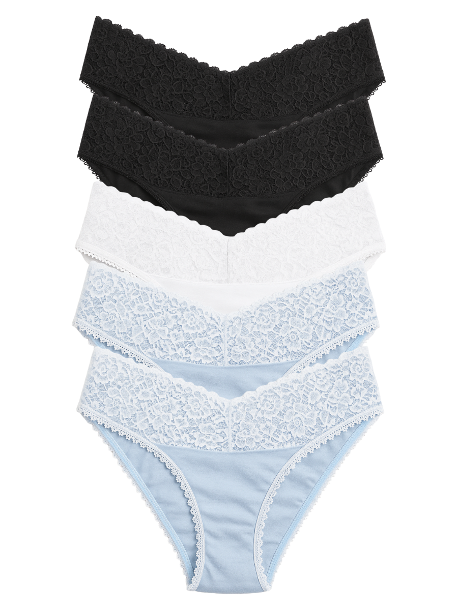 Mid Waist Bikini Bundle Of 5 - (2 Black, 2 Sky Blue & White)