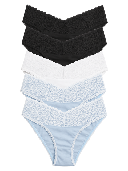 Mid Waist Bikini Bundle Of 5 - (2 Black, 2 Sky Blue & White)