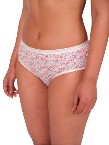 Floral-patterned underwear worn by a person on a white background