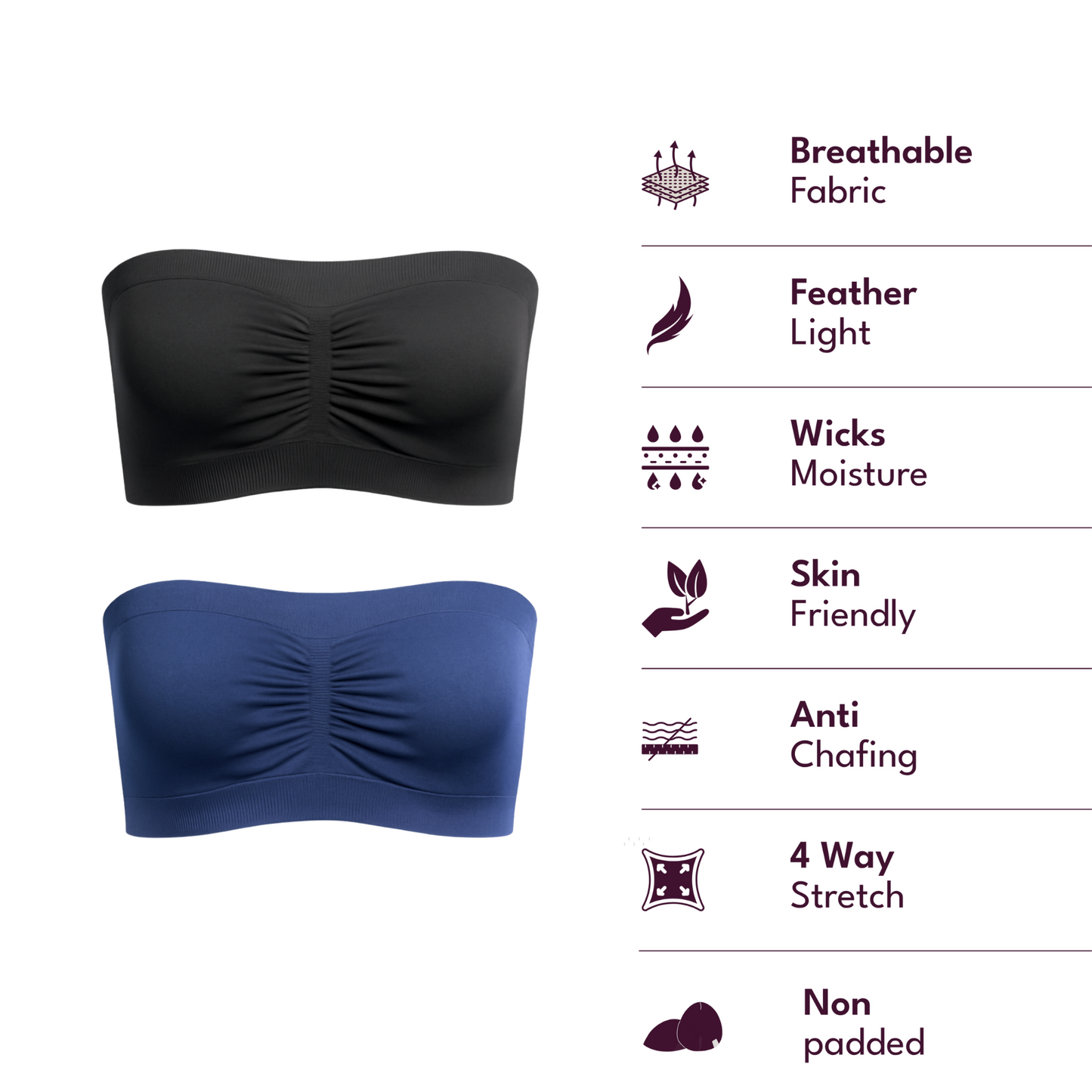 Munns & Mars Bundle of Seamless Non-Padded Tube Bra - Navy Blue & Black