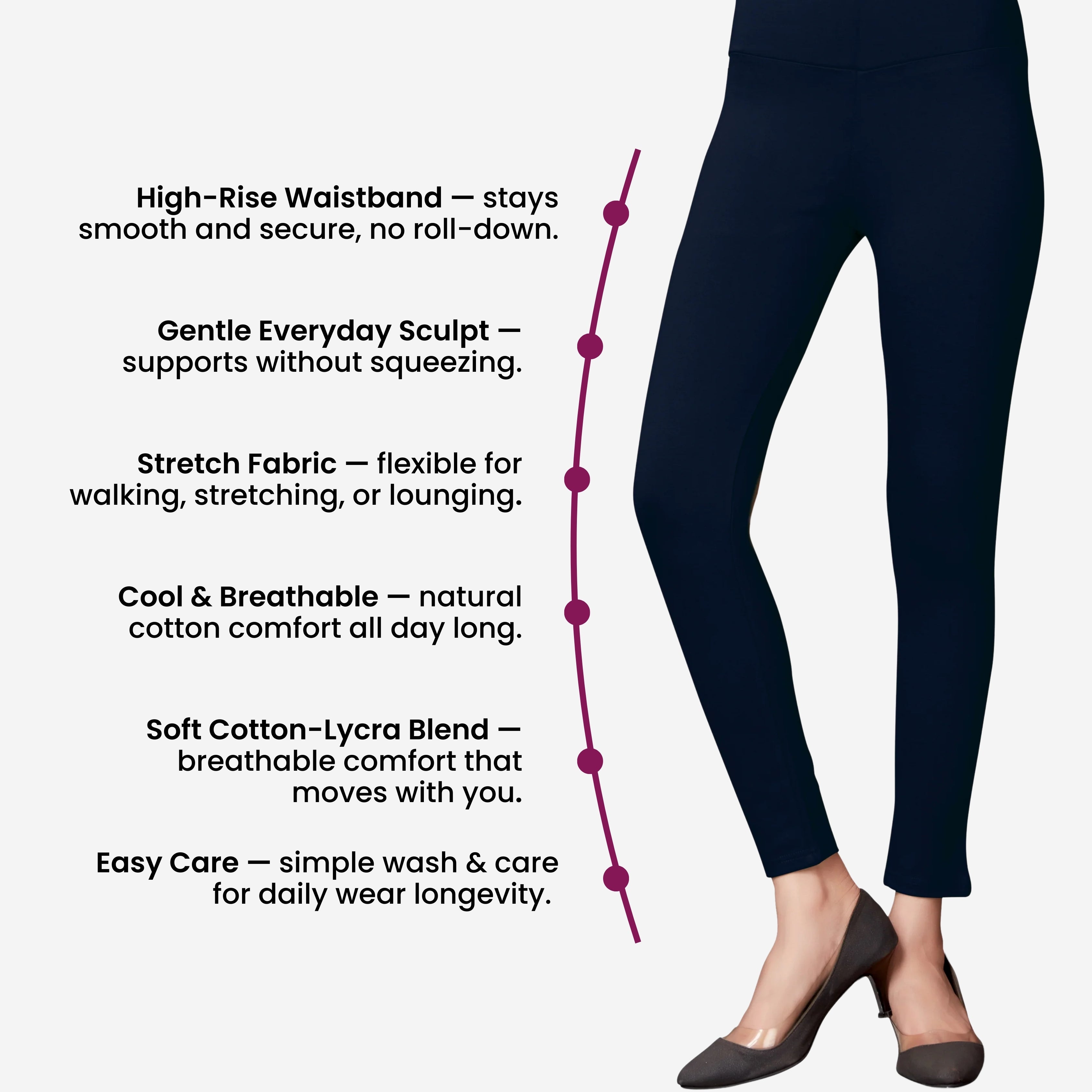 High Rise All Day Cotton Lycra Pant- Navy