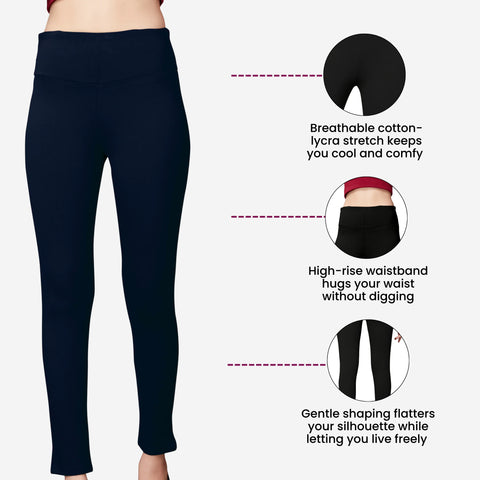 High Rise All Day Cotton Lycra Pant- Navy