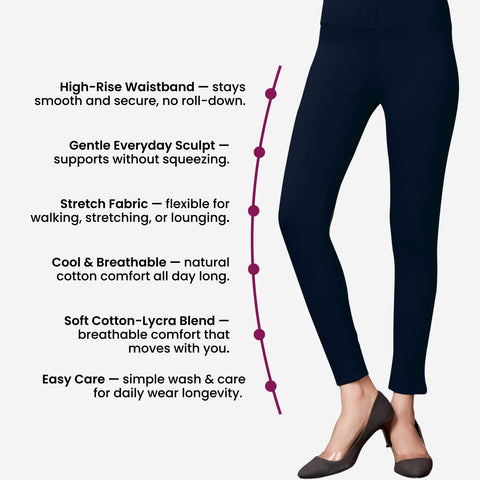 High Rise All Day Cotton Lycra Pant- Navy