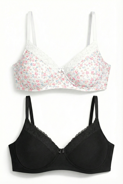 Munns & Mars Pack of 2 Cotton Lightly Padded T-Shirt Bra with lace Printed White and Black